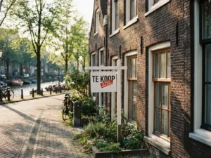 Traditioneel Amsterdams grachtenpand met trapgevel en "Te Koop" bord in de voortuin, bakstenen architectuur met grote ramen