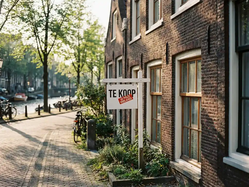Traditioneel Amsterdams grachtenpand met trapgevel en "Te Koop" bord in de voortuin, bakstenen architectuur met grote ramen
