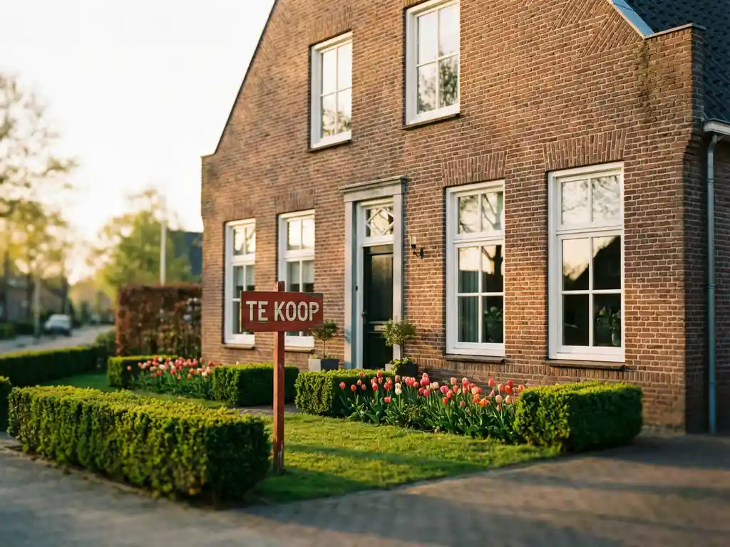 Nederlandse woning met rode bakstenen gevel en wit kozijnen, Te Koop bord in voortuin met tulpen en hagen