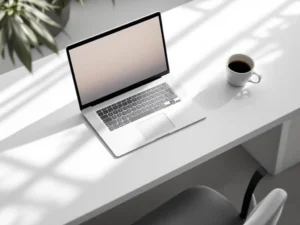 Laptop met gloeiend scherm op witte bureau met koffiekopje, natuurlijk licht en minimalistische werkruimte