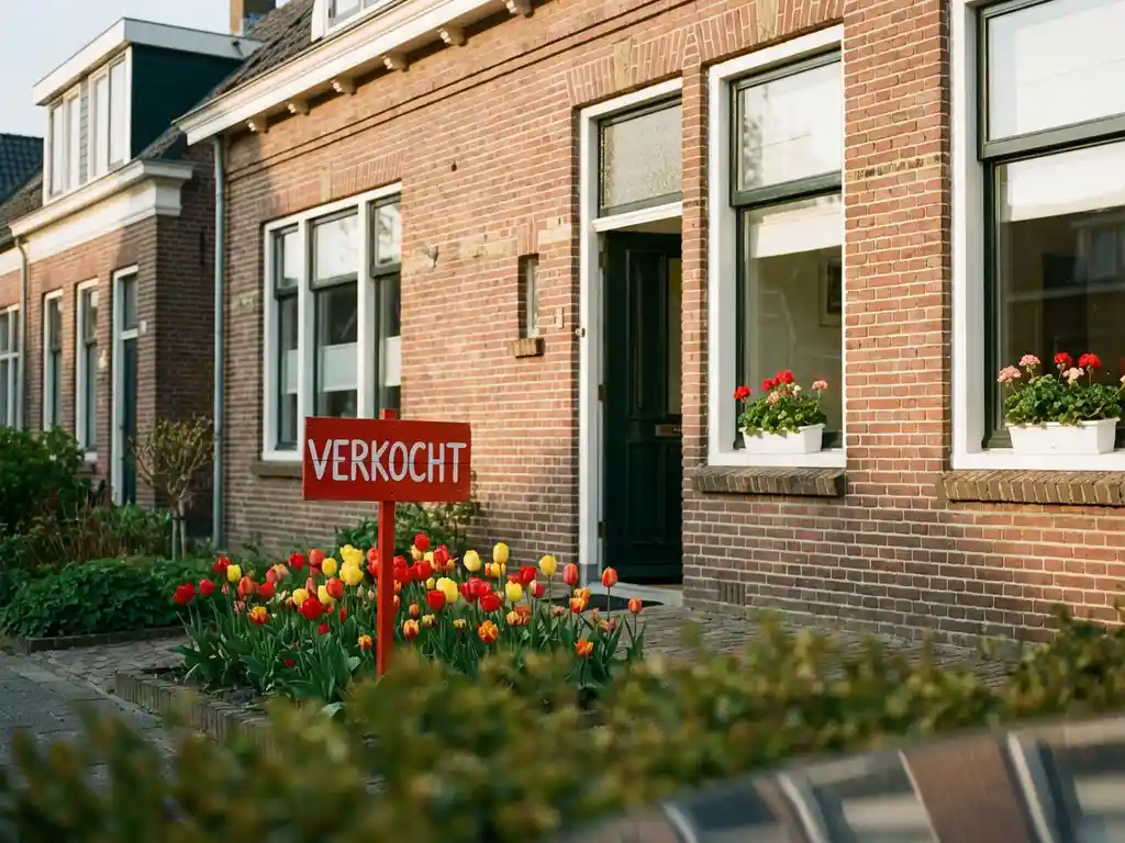 Nederlandse gezinswoning met rode "VERKOCHT" bord in voortuin, bakstenen gevel, witte kozijnen en bloeiende tulpen