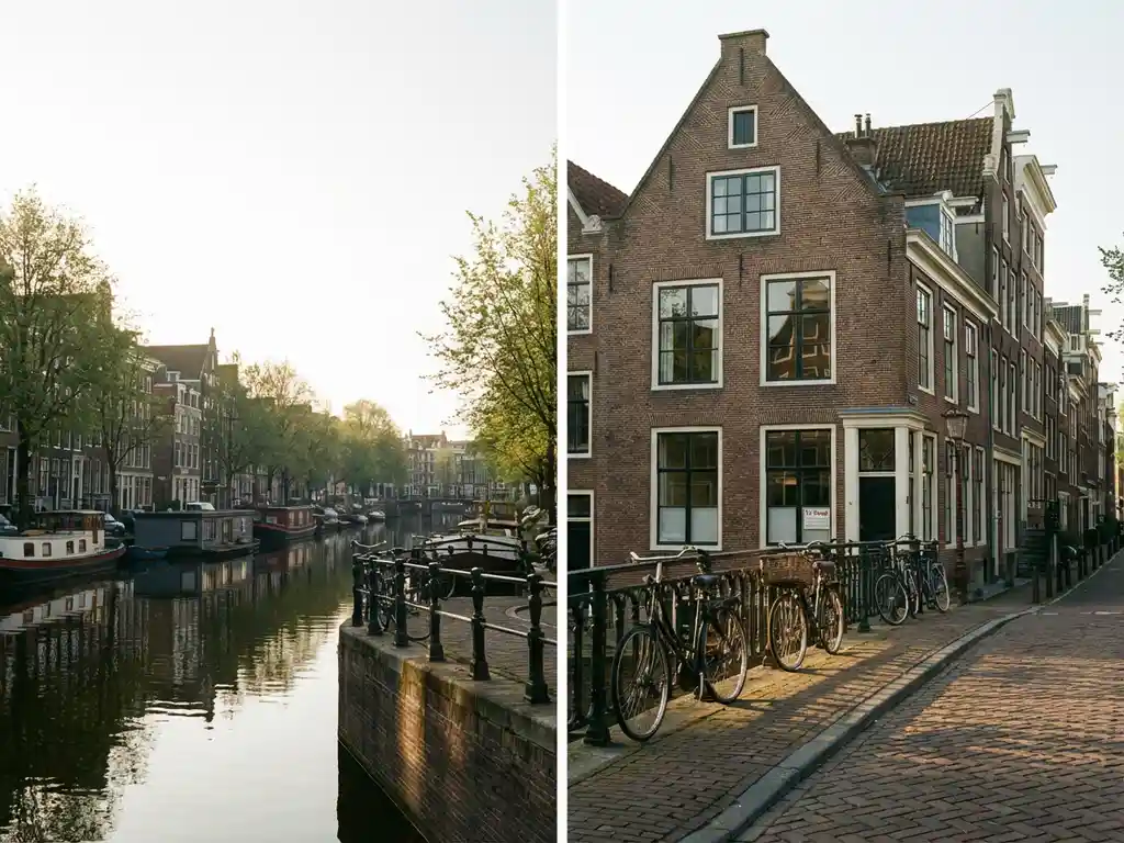 Traditioneel Amsterdams grachtenpand met bakstenen gevel en 'Te Koop' bordje in raam, cobblestones en fietsen op straat