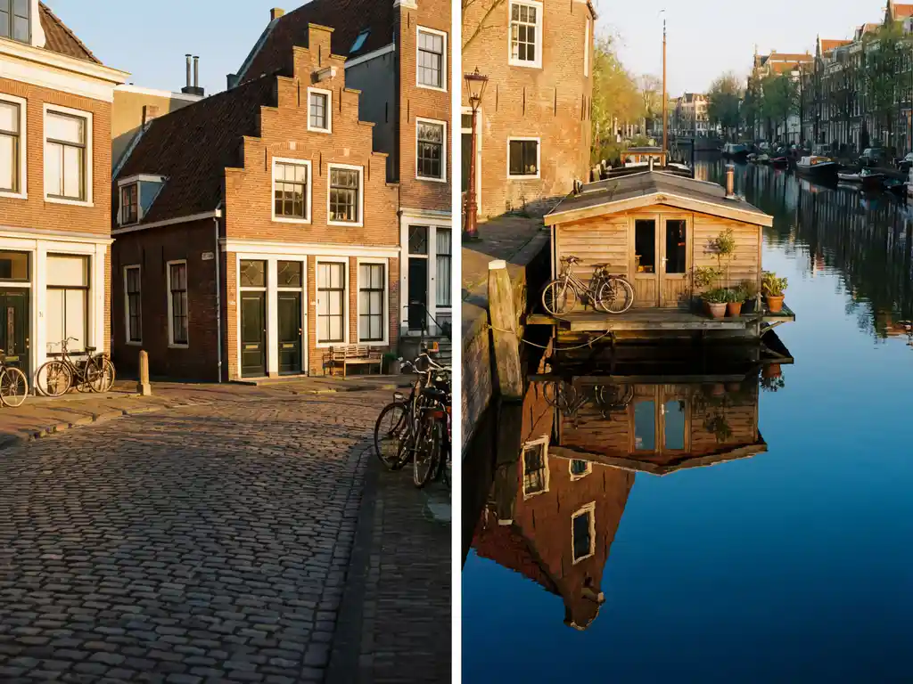 Traditioneel Amsterdam grachtenpand met rode bakstenen gevel weerspiegeld in kalm kanaalwater, woonboot afgemeerd