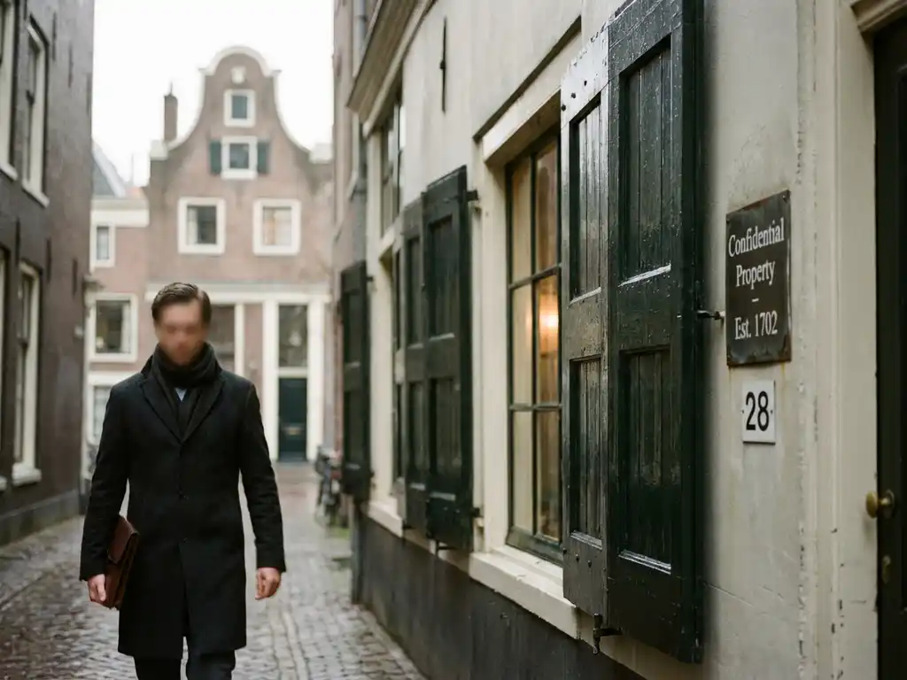 Traditioneel Amsterdams grachtenpand met gesloten luiken en makelaar die documenten controleert op geplaveide straat