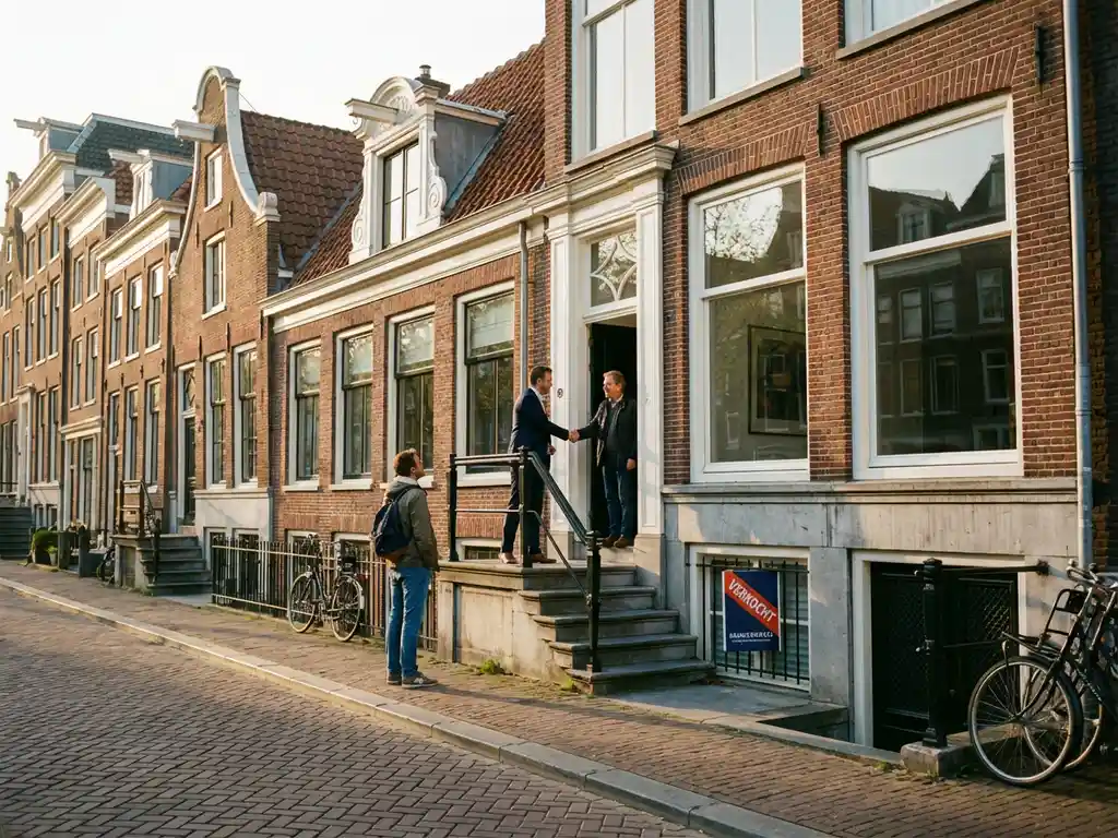 Makelaar schudt handen met huiseigenaar voor traditioneel Amsterdams grachtenpand terwijl koper de woning bekijkt