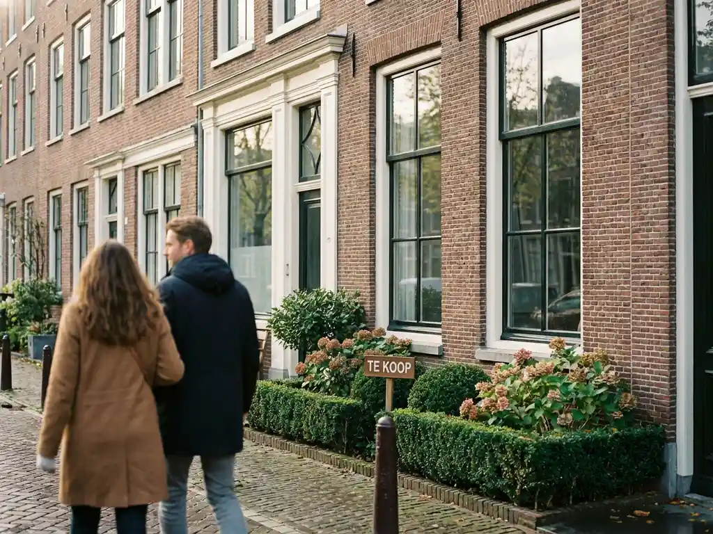 Nederlands grachtenpand met Te Koop bord in voortuin, bakstenen gevel met grote ramen, kopers op straat