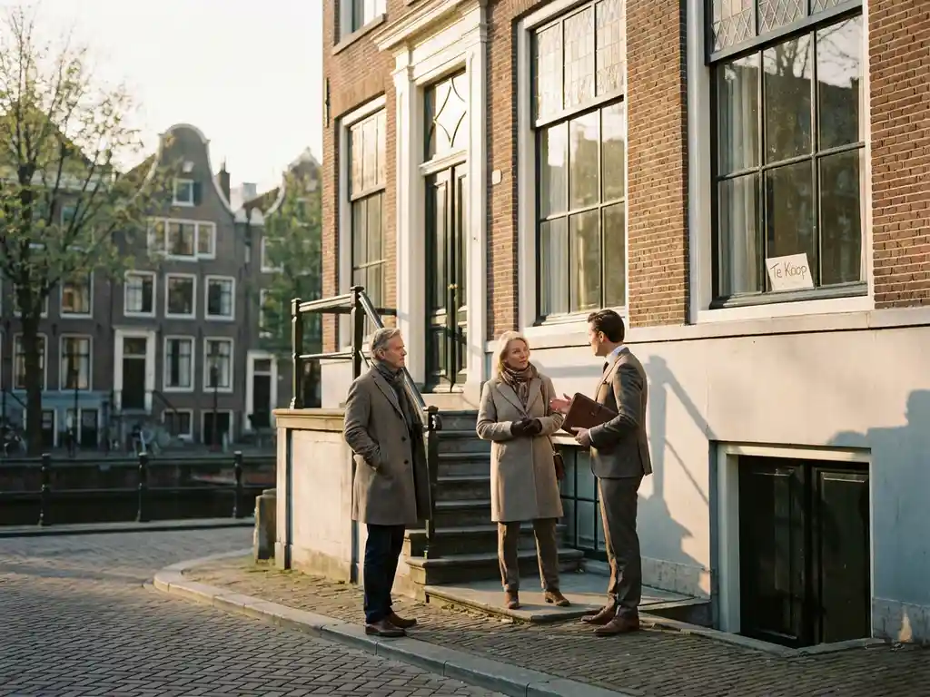 Traditioneel Amsterdams grachtenpand met "Te Koop" bord, stel spreekt met makelaar op stoep tijdens gouden uur