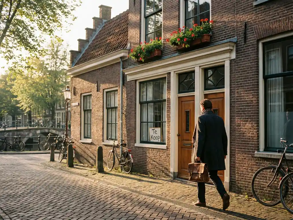 Nederlandse grachtenpand met bakstenen gevel en 'Te Koop' bord, makelaar loopt naar ingang, Amsterdam architectuur