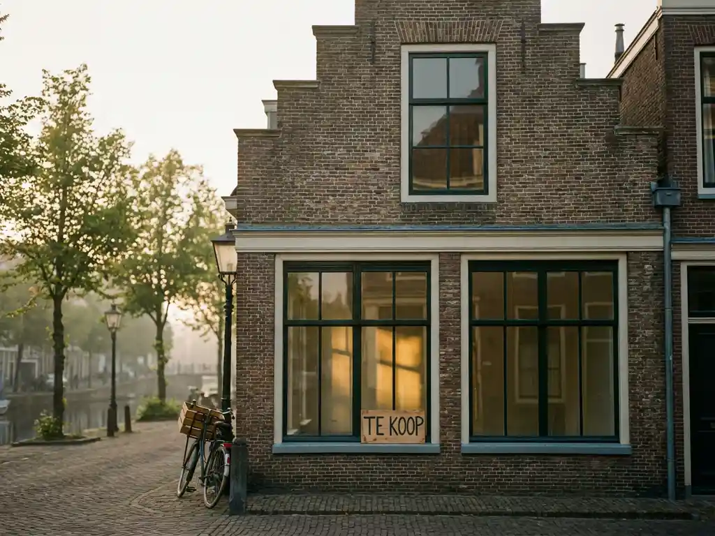 Traditioneel Amsterdams grachtenpand met trapgevel en "Te Koop" bordje in raam, bakstenen architectuur in ochtendlicht