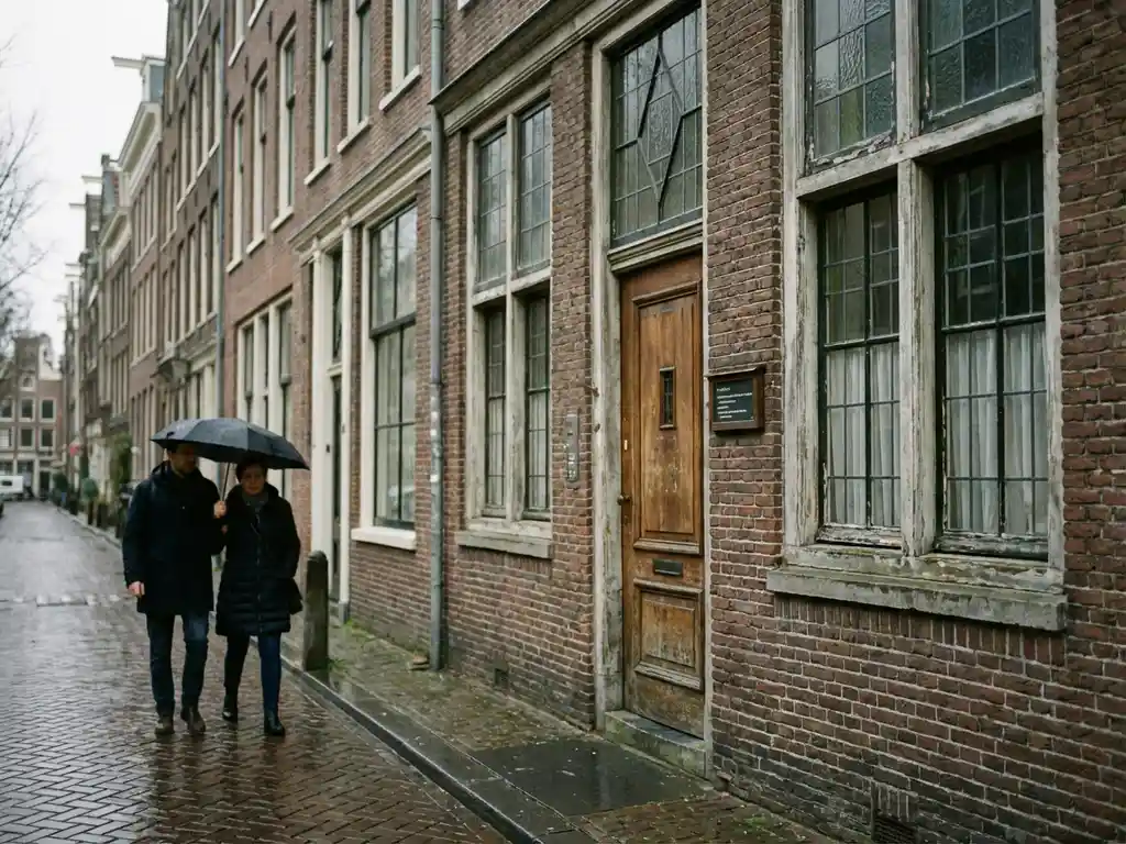 Traditioneel Nederlands grachtenpand met smalle ramen en bakstenen gevel aan geplaveide straat