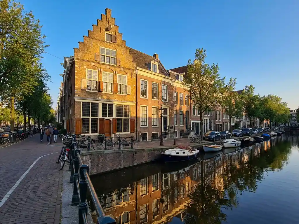 Traditioneel Amsterdams grachtenpand met trapgevel weerspiegelt in kalm kanaalwater bij gouden middaglicht