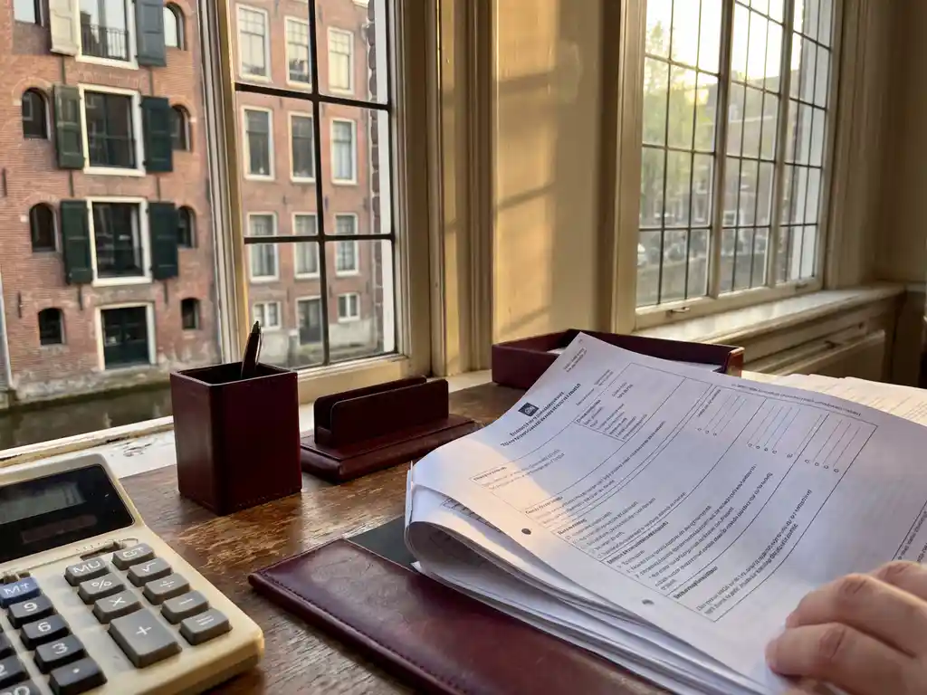 Nederlandse belastingdocumenten en rekenmachine op vensterbank van Amsterdams grachtenpand met warme middagzon