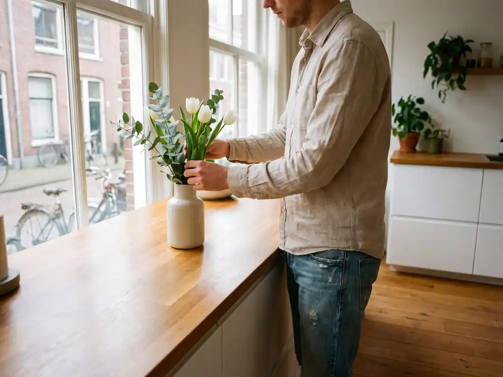 Persoon schikt witte bloemen in moderne vaas op keukenaanrecht in Nederlands rijtjeshuis met natuurlijk licht