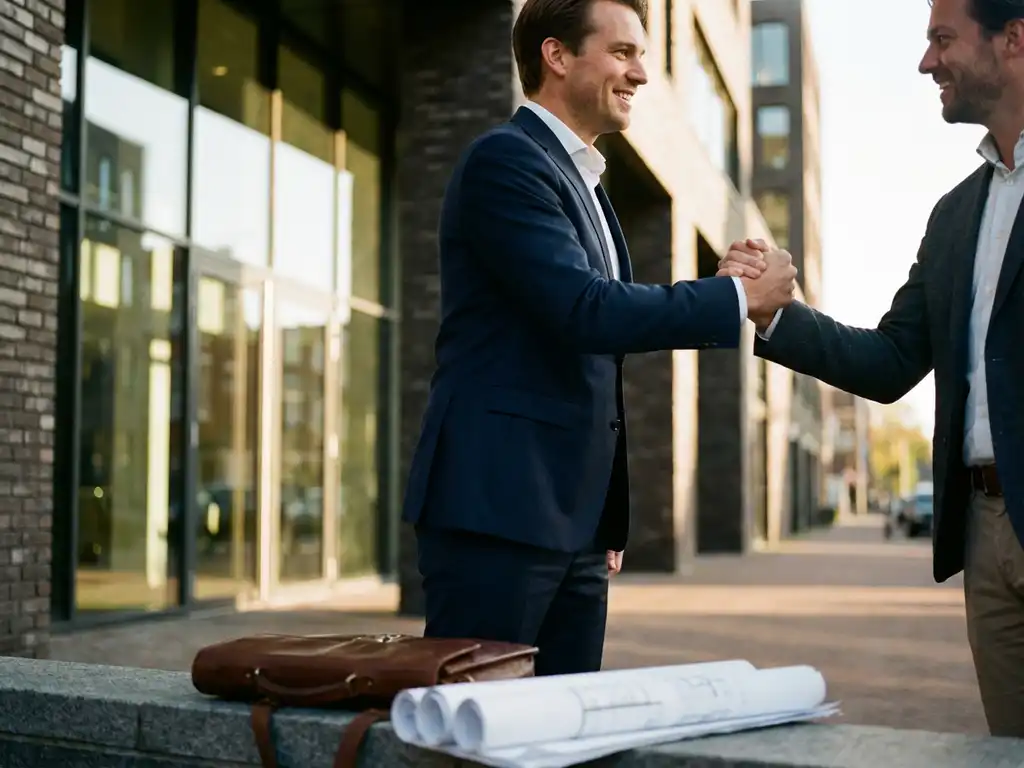 Makelaar en koper schudden handen voor modern Nederlands kantoorgebouw met glazen gevel en bakstenen facade