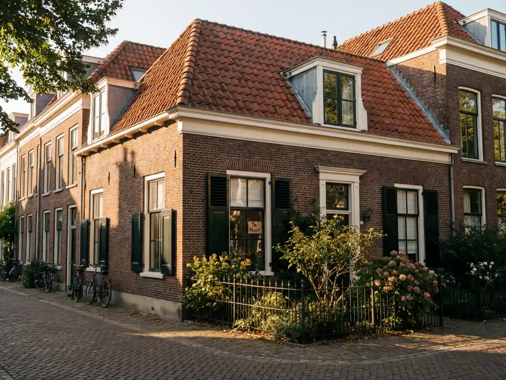 Traditioneel Nederlands rijtjeshuis met rode dakpannen en witte kozijnen, kleine voortuin met 'Te Huur' bordje