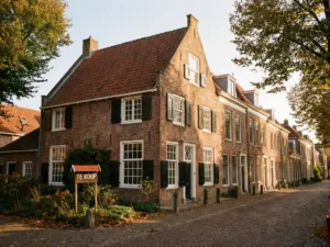 Nederlandse bakstenen herenhuis met rode dakpannen en wit kozijnwerk, "Te Koop" bord in voortuin, warme middagzon op rustige woonstraat