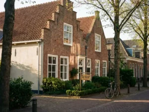 Nederlandse bakstenen herenhuis met witte raamkozijnen en rode dakpannen, Te Koop bord in voortuin, zonnige straat