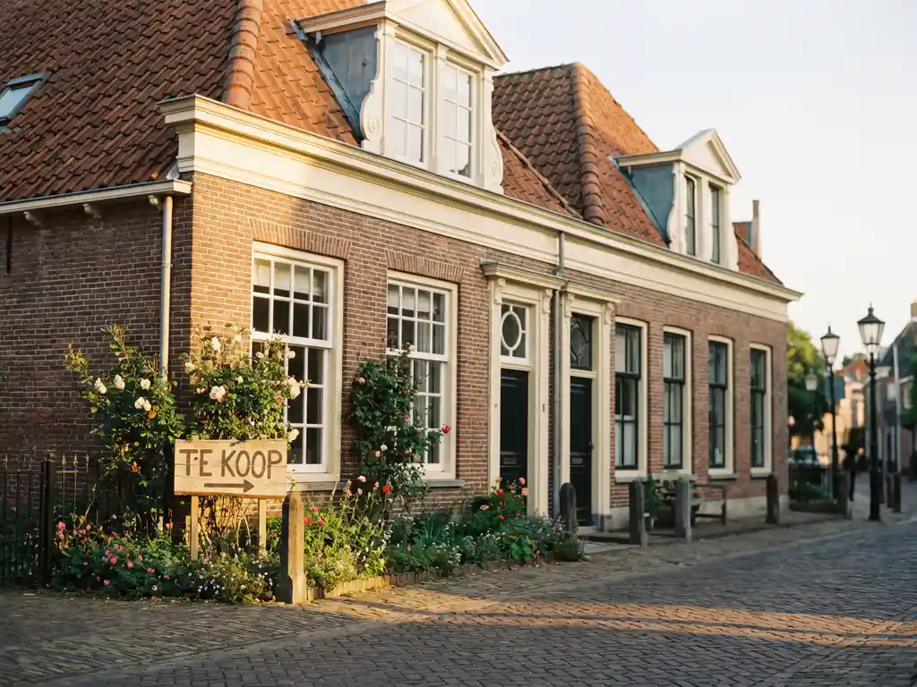 Vintage Nederlandse bakstenen herenhuis met witte kozijnen en rode dakpannen, houten "Te Koop" bord in voortuin, gouden uurtje licht op kinderkopjes