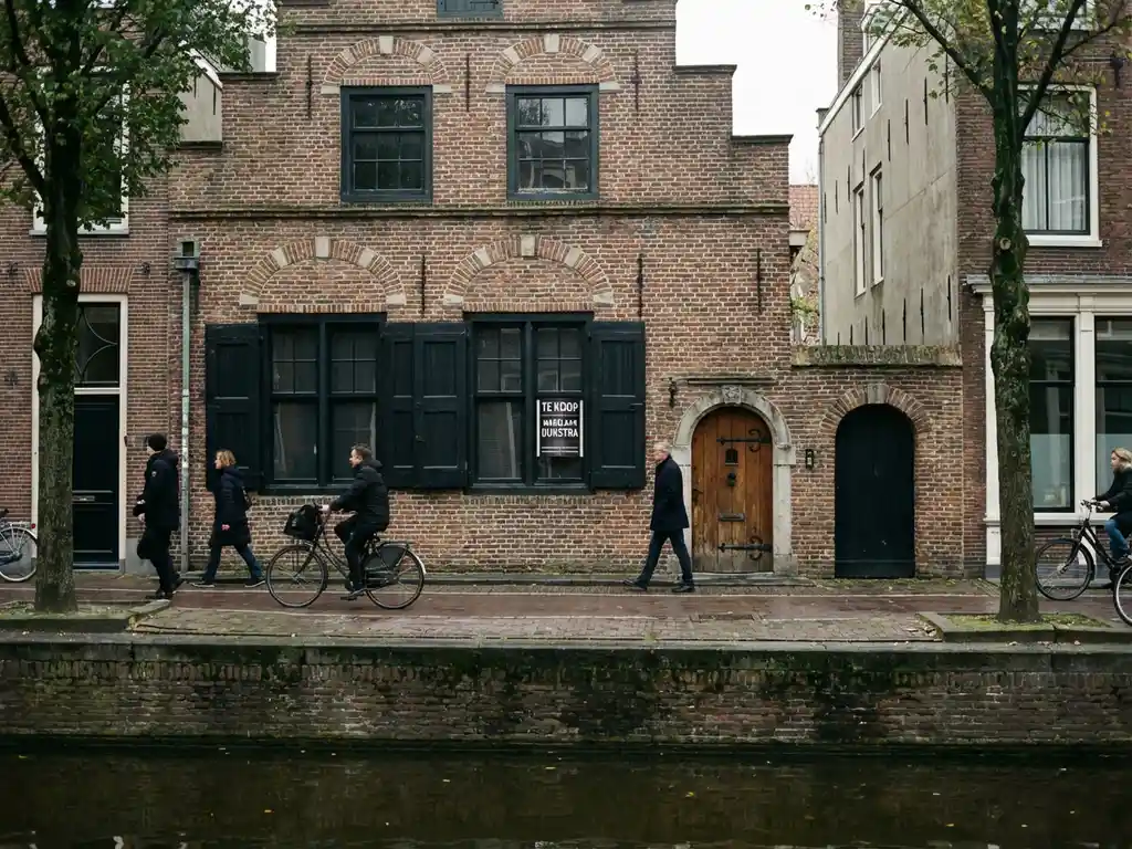 Traditioneel Amsterdams grachtenpand met trapgevel en houten luiken, klein makelaarsbord bij voordeur, straatperspectief