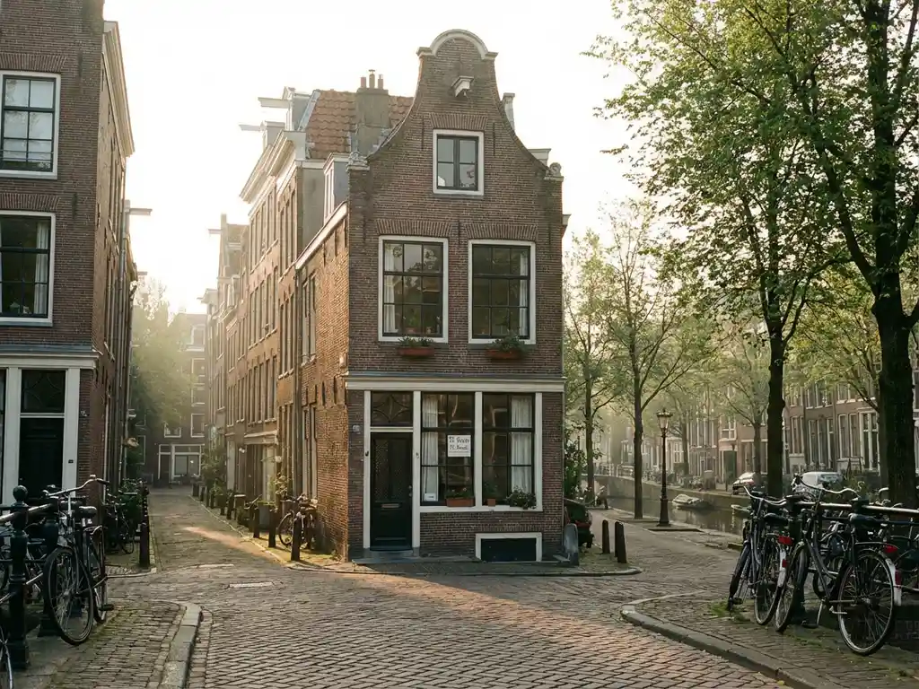 Traditioneel Amsterdam grachtenpand met 'Te Koop' bord in raam, smalle bakstenen gevel tussen historische huizen