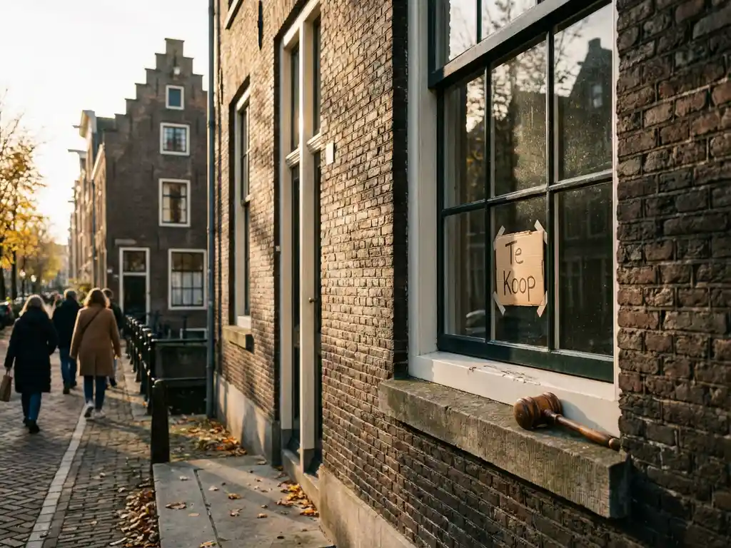 Traditioneel Amsterdams grachtenpand met trapgevel en 'Te Koop' bordje in raam, herfstlicht op bakstenen gevel