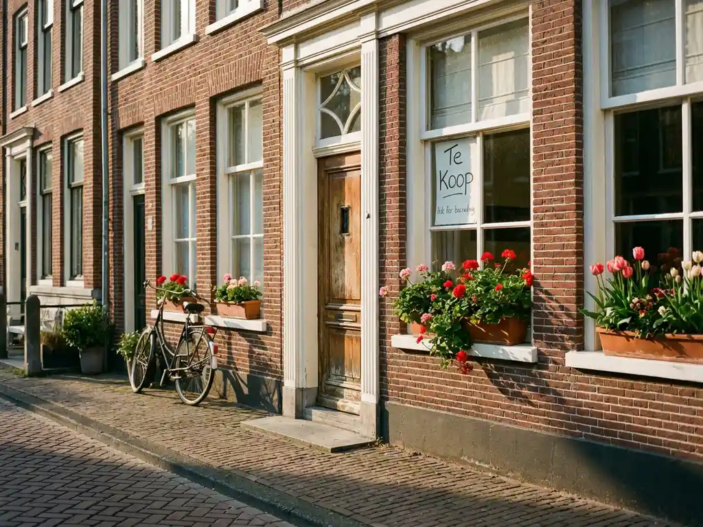 Traditioneel Nederlands grachtenpand met rode bakstenen gevel en "Te Koop" bordje in raam, fiets tegen muur
