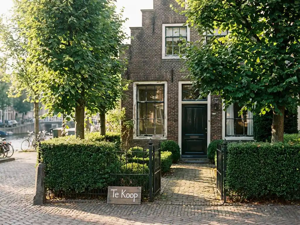 Elegant Amsterdams grachtenpand met trapgevel en Te Koop bord tussen groene bomen en hagen in zonnig licht