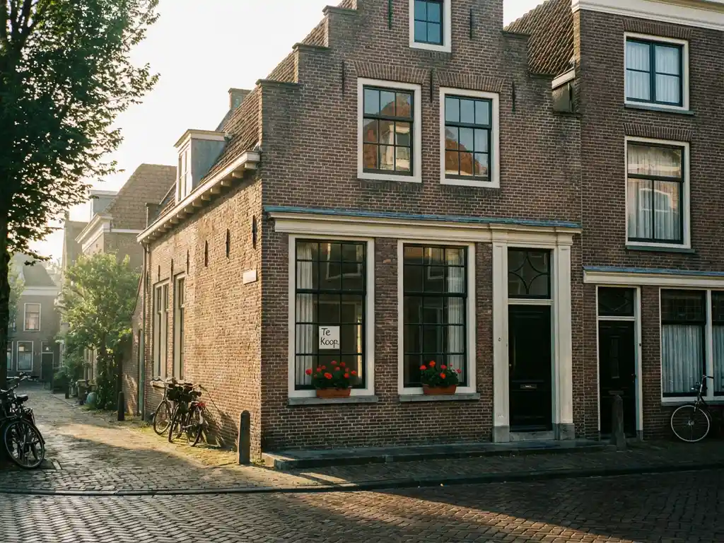 Traditioneel Amsterdams grachtenpand met trapgevel en 'Te Koop' bordje in raam, ochtendlicht op kinderkopjes