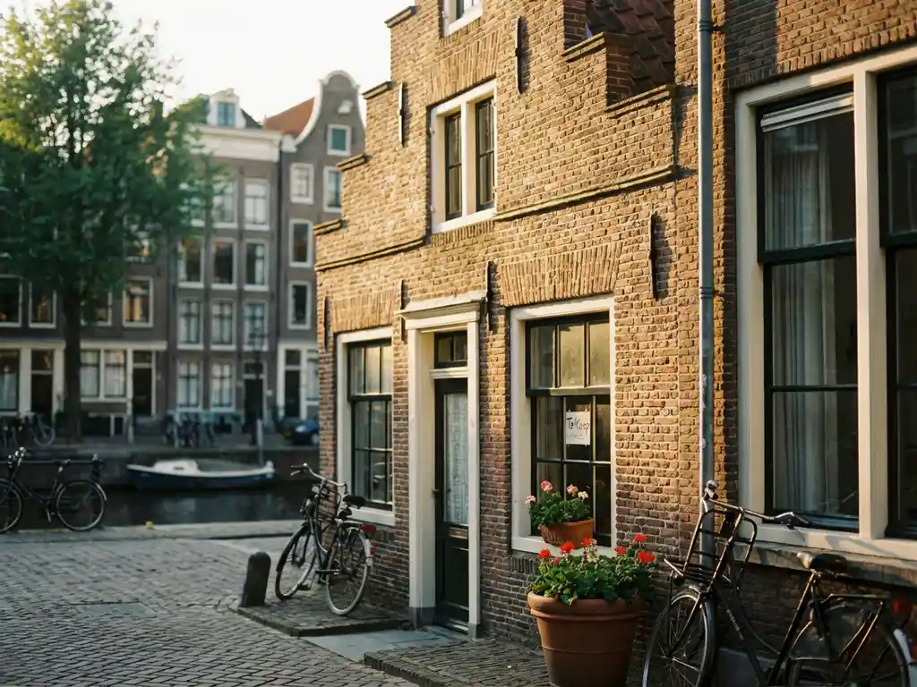 Traditioneel Amsterdams grachtenpand met trapgevel en 'Te Koop' bord in raam, gouden middaglicht op historische bakstenen gevel