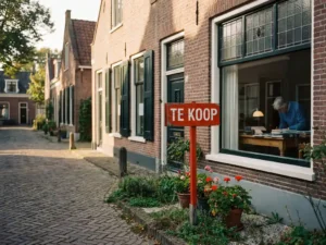 Nederlandse bakstenen rijtjeswoning met rood "Te Koop" bord in voortuin, eigenaar zichtbaar door raam aan houten tafel