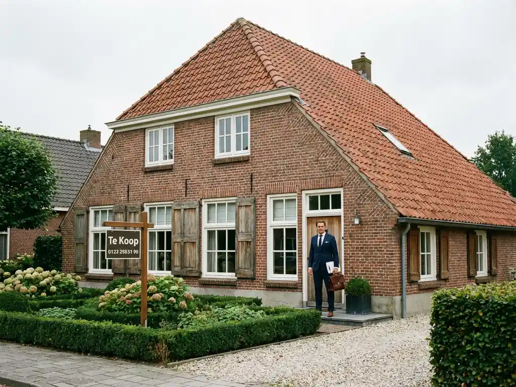 Traditioneel Nederlands bakstenen huis met rode dakpannen en 'Te Koop' bord, makelaar in pak bij voordeur