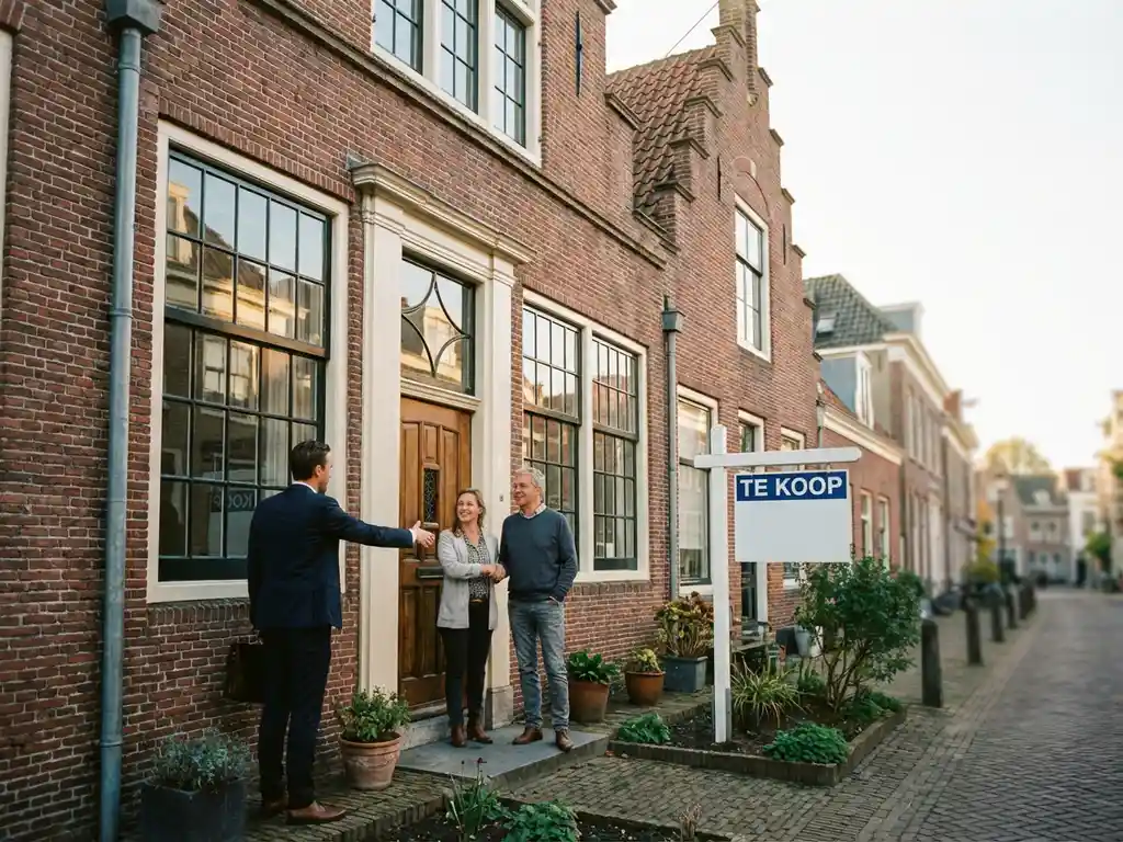 Makelaar en koper schudden handen voor klassiek Nederlands herenhuis met "Te Koop" bord in voortuin