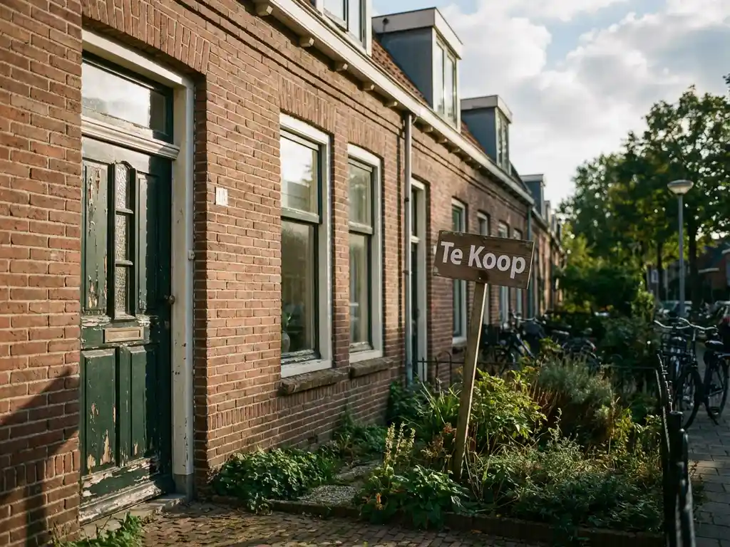 Nederlandse rijtjeswoning met rode bakstenen gevel en "Te Koop" bord in voortuin, lichte onderhoudsbehoeften zichtbaar