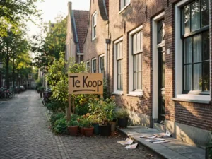 Traditioneel Nederlands bakstenen herenhuis met Te Koop bord in voortuin, witte kozijnen en trapgevel in gouden uurtje