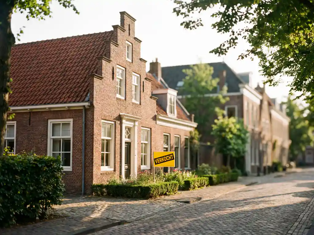 Traditioneel Nederlands bakstenen herenhuis met rode dakpannen en witte kozijnen, geel "VERKOCHT" bord in voortuin