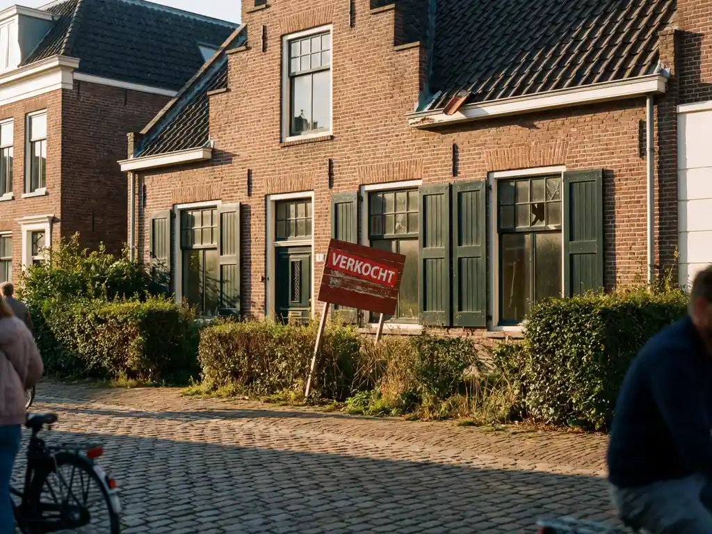 Nederlandse bakstenen herenhuis met rood "VERKOCHT" bord in voortuin, losse dakpan en overgroeid groen, warme middagzon op kasseienstraat