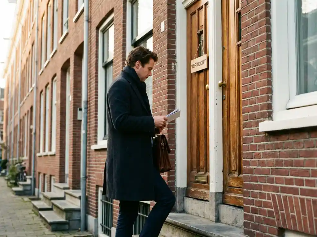 Vastgoedkoper in donkere jas met aktentas voor traditioneel Nederlands rijtjeshuis met rode bakstenen gevel