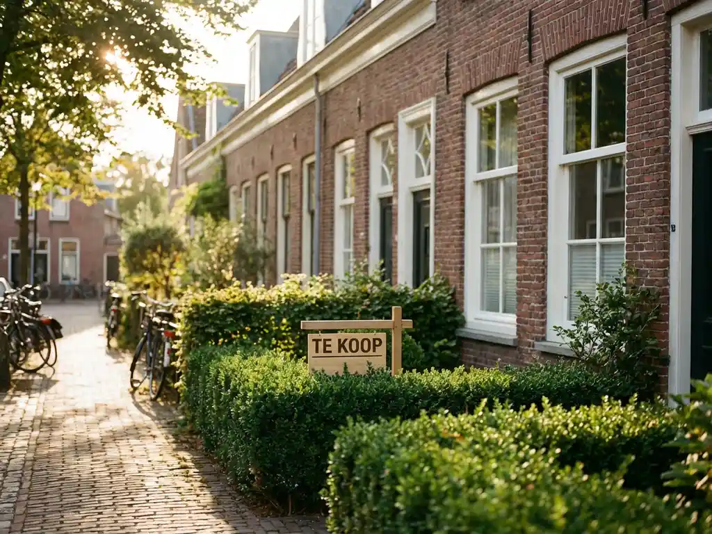 Nederlandse rijtjeswoning met rode bakstenen gevel en wit getrimde ramen, klein makelaarsbord tussen groene hagen