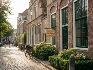 Klassiek Nederlands bakstenen herenhuis met trapgevel en "Te Koop" bord in de voortuin, warme middagzon op kasseienstraat
