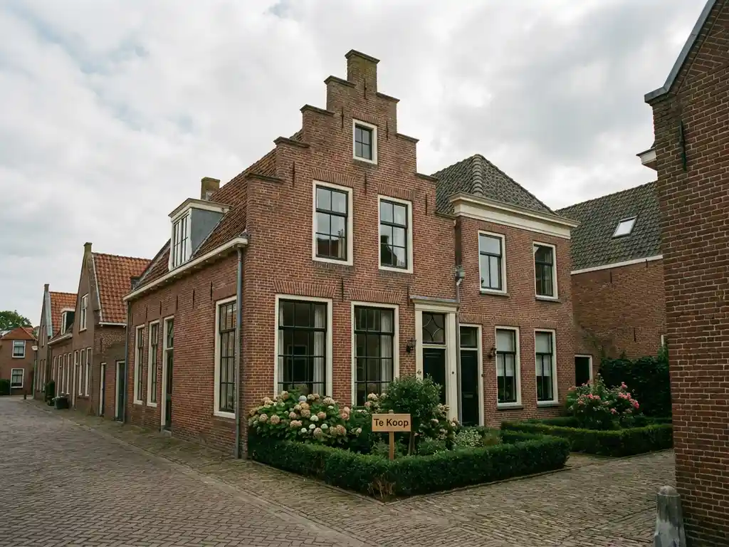 Traditioneel Nederlands bakstenen herenhuis met trapgevel en "Te Koop" bord in rustige woonstraat