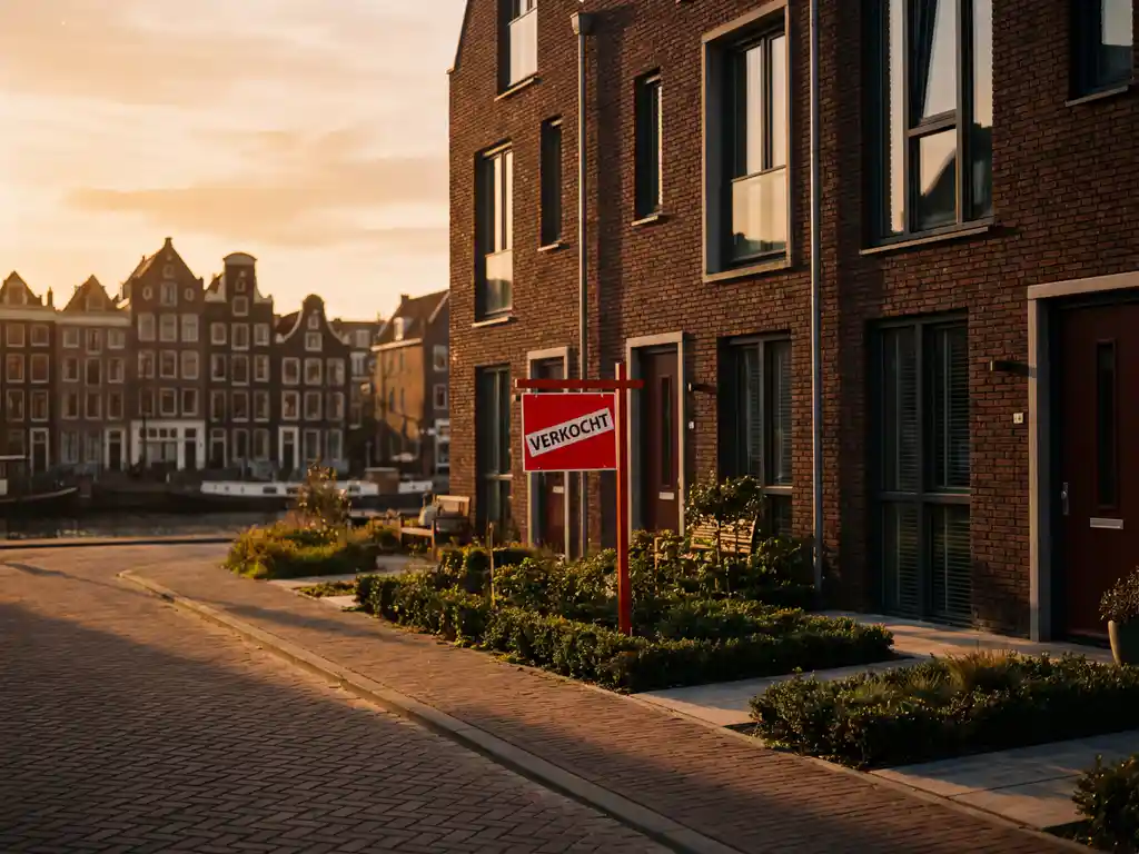 Moderne Nederlandse rijtjeswoning met grote ramen en rode VERKOCHT-bord in voortuin tijdens gouden uur