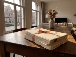 Nederlandse eigendomsdocumenten gestapeld op donkere houten tafel in moderne grachtenpand met natuurlijk licht door grote ramen