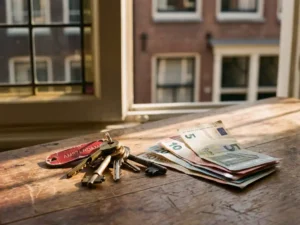 Euro bankbiljetten en huissleutels van Nederlandse bakstenen woning op verweerde houten tafel in warm middaglicht