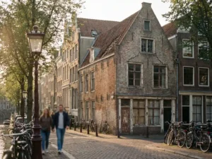 Verweerd Amsterdams grachtenpand met beschadigde mortel, ontbrekende dakpannen en afbladderende kozijnen in gouden middaglicht