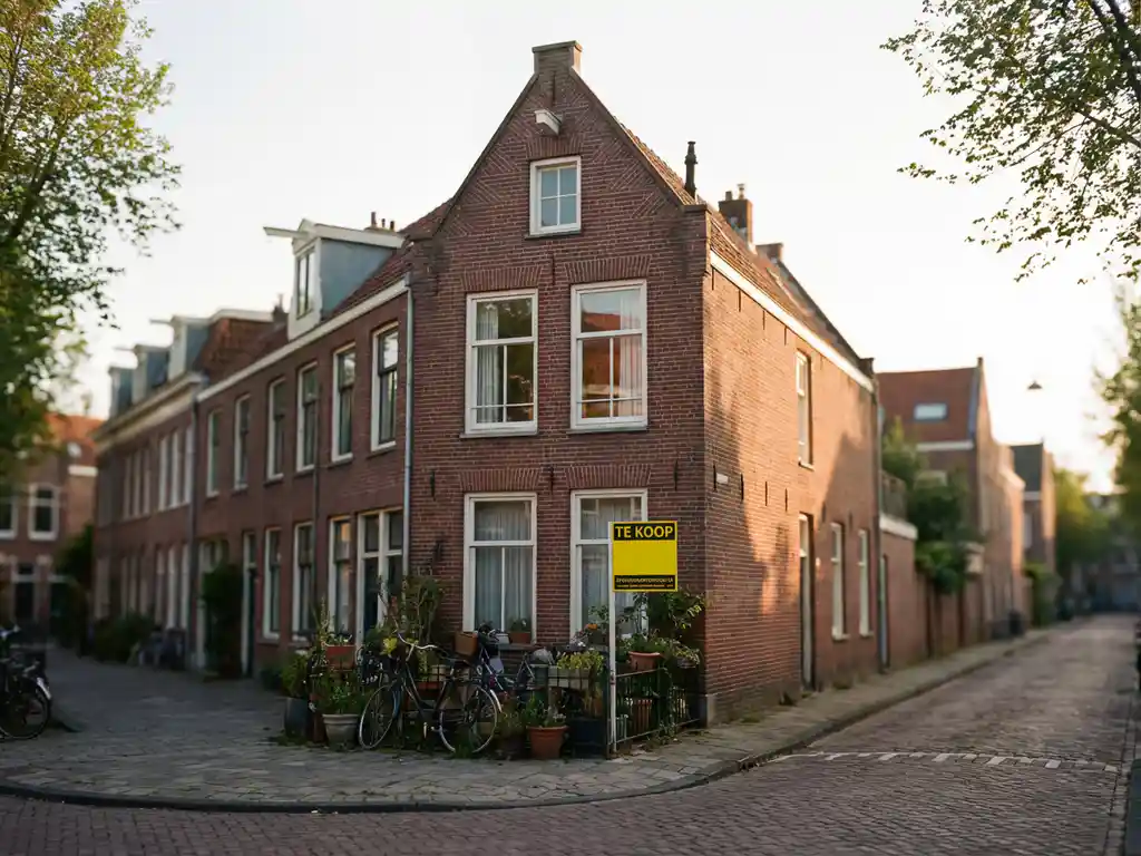 Rood bakstenen rijtjeshuis met witte kozijnen en geel "Te Koop" bord in de voortuin, typische Amsterdamse architectuur