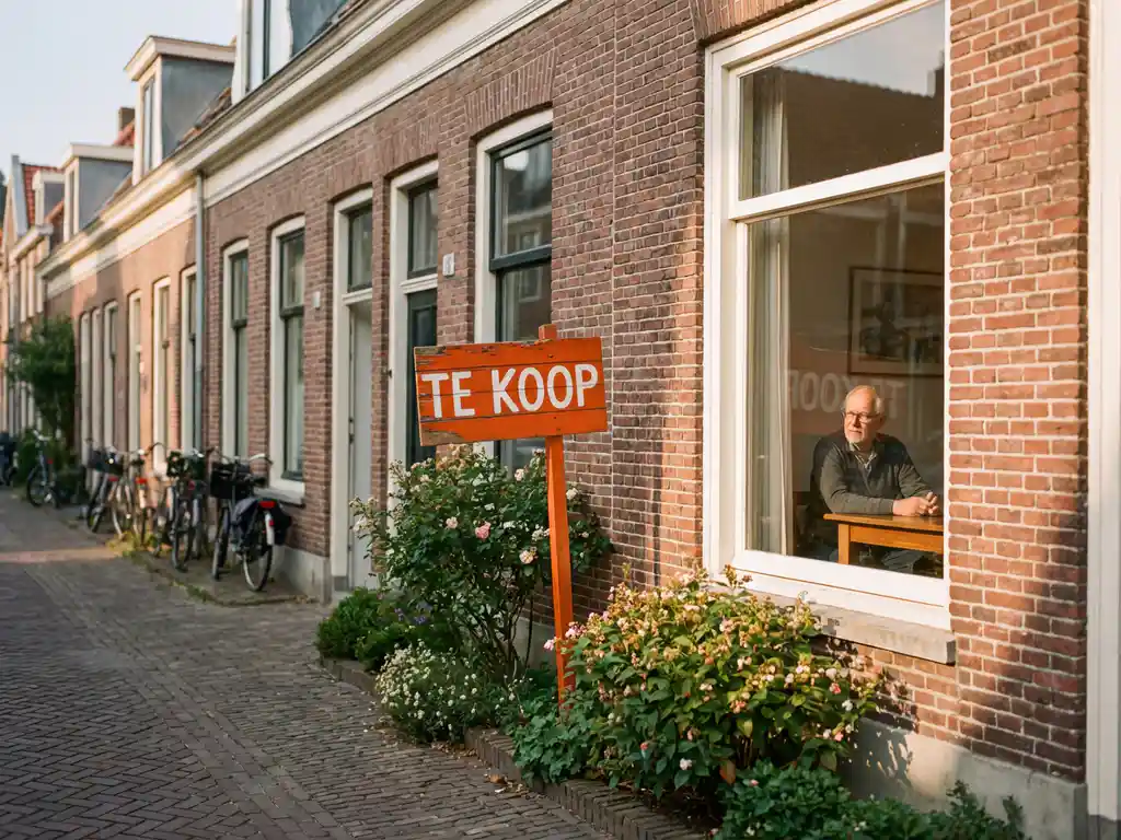 Nederlandse rijtjeswoning met rode bakstenen gevel en wit kozijnwerk, oranje "Te Koop" bord in voortuin, eigenaar zichtbaar door raam