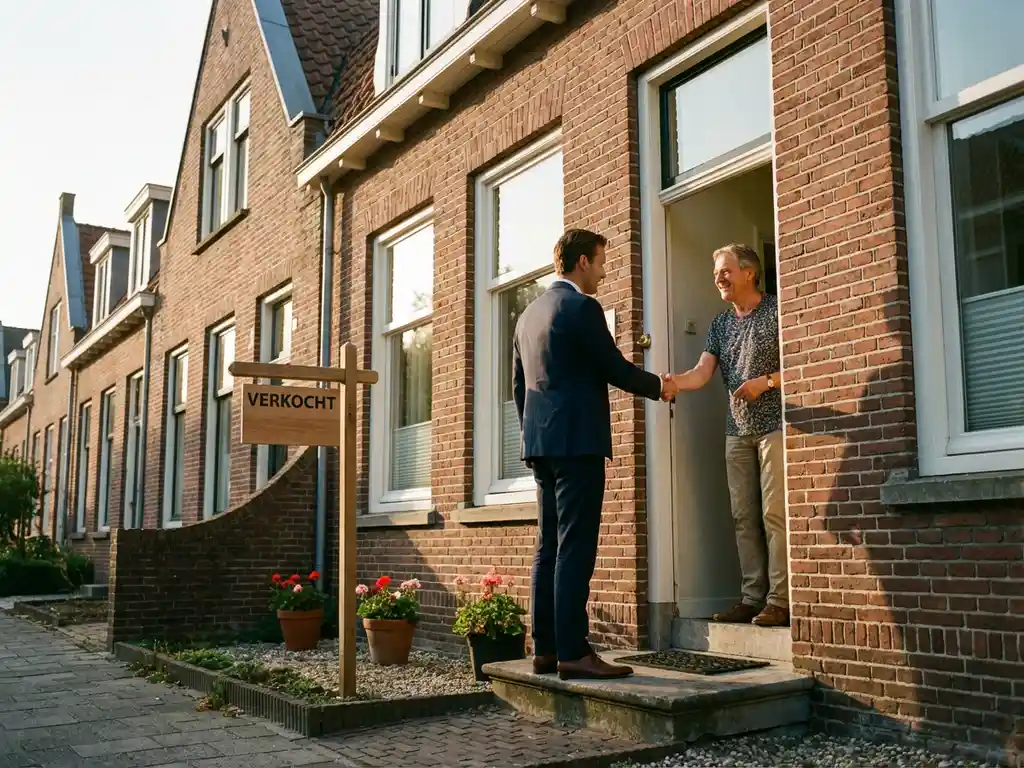 Makelaar en huiseigenaar schudden handen voor verkocht Dutch herenhuis met witte kozijnen en rode bakstenen gevel