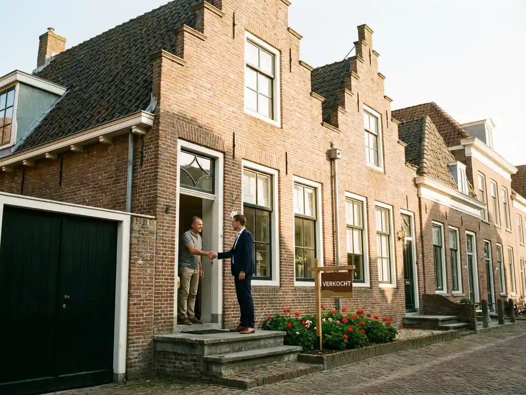 Makelaar schudt handen met huiseigenaar voor verkocht Nederlands herenhuis met witte kozijnen