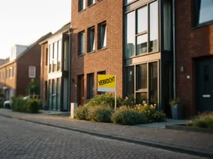 Nederlandse bakstenen woning met groot geel "VERKOCHT" bord in de voortuin op zonnige middag