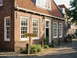 Nederlandse bakstenen woning met witte kozijnen en rode dakpannen, gele VERKOCHT-bord in voortuin, warme middagzon op kinderkopjes